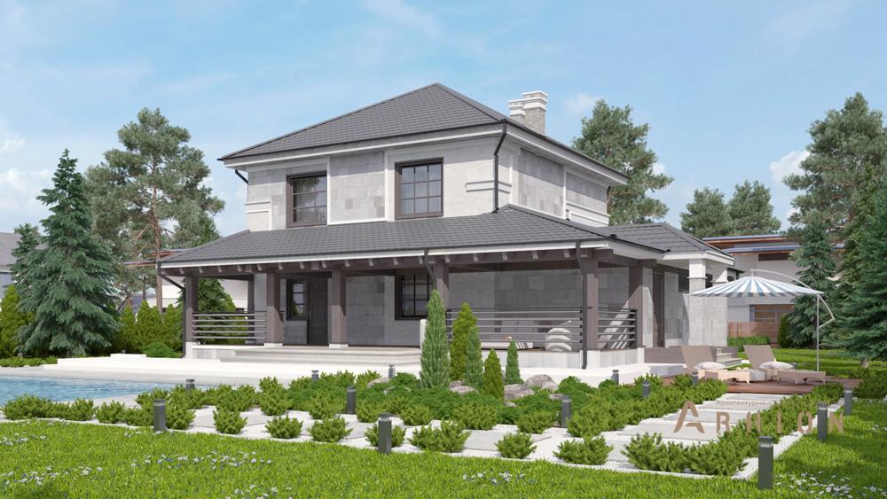 6. Проект двухэтажного дома в классическом стиле с плоской кровлей , cp-21-66, площадью - 174 кв c цокольным этажом, сауной, терассой, гаражом