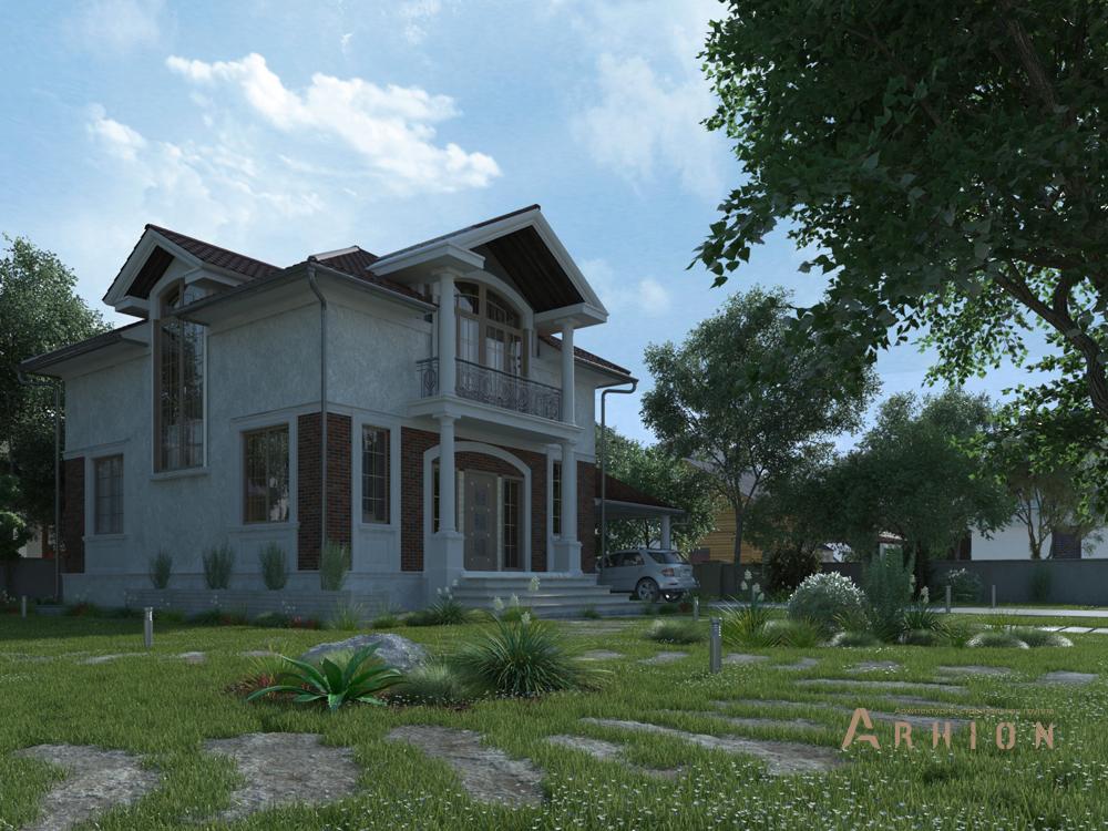 2. Проект одноэтажного дома в современном классическом стиле с четырехскатной, cp-21-91, площадью - 130 кв c мансардой, терассой, балконом, гаражом