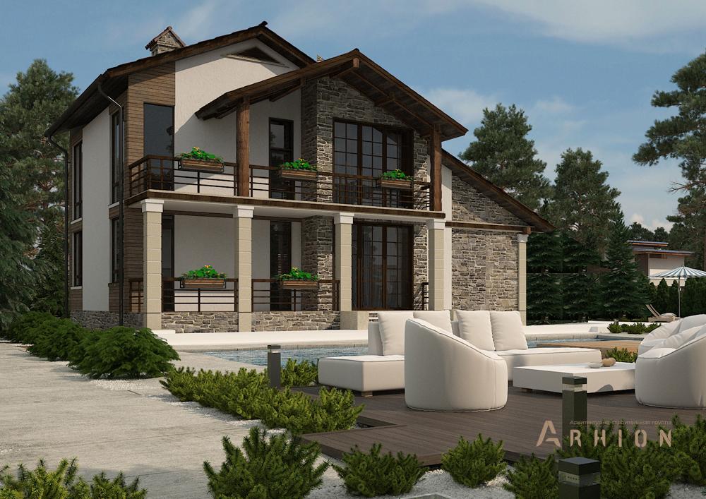 2. Проект одноэтажного дома в современном стиле с двускатной кровлей, cp-22-10, площадью - 294 кв c цокольным этажом, мансардой, балконом, гаражом