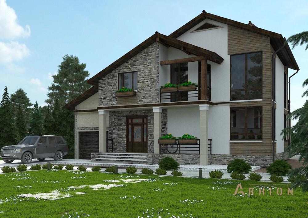 1. Проект одноэтажного дома в современном стиле с двускатной кровлей, cp-22-10, площадью - 294 кв c цокольным этажом, мансардой, балконом, гаражом