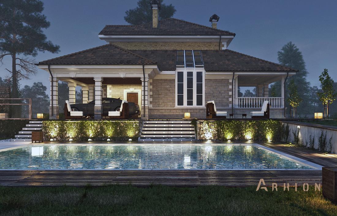 2. Проект двухэтажного дома в английском стиле с плоской кровлей , cp-22-16, площадью - 221 кв c цокольным этажом, терассой, балконом