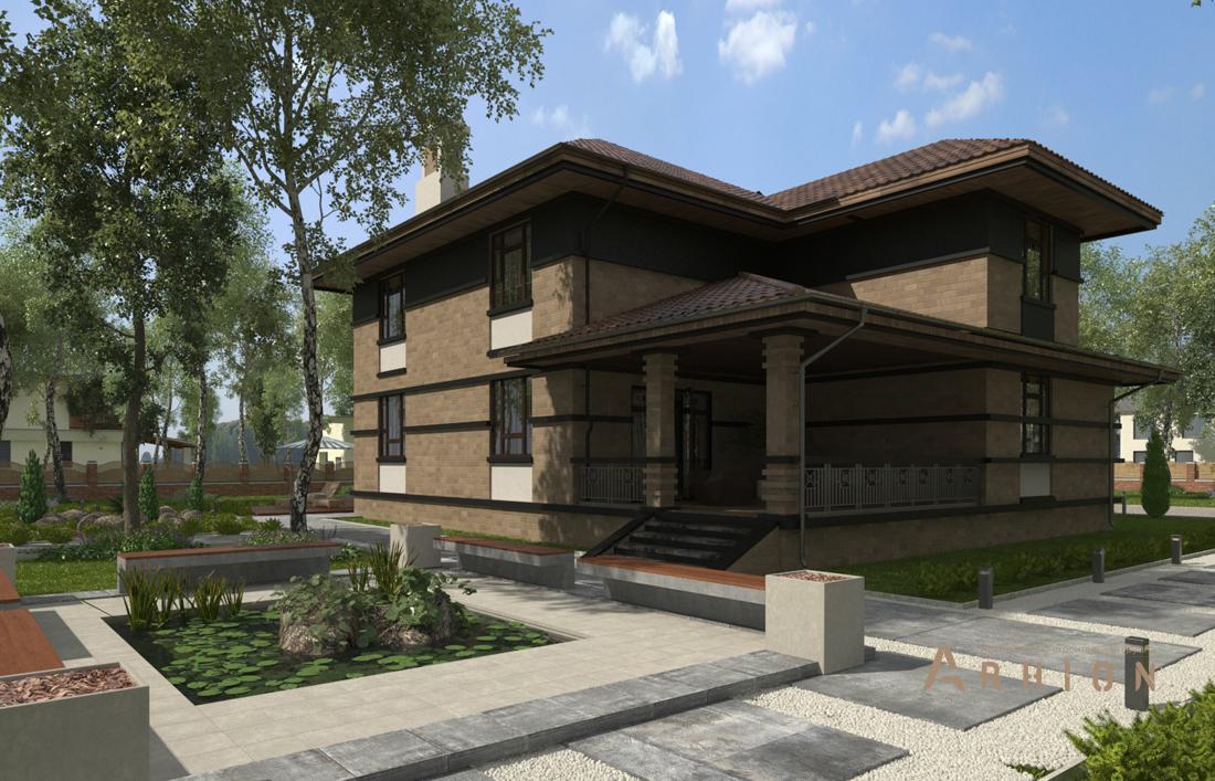 2. Проект двухэтажного дома в стиле Ллойда Райта (прерий) с плоской кровлей , cp-22-35, площадью - 227 кв c цокольным этажом, сауной, терассой, балконом