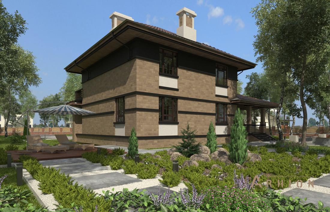 3. Проект двухэтажного дома в стиле Ллойда Райта (прерий) с плоской кровлей , cp-22-35, площадью - 227 кв c цокольным этажом, сауной, терассой, балконом