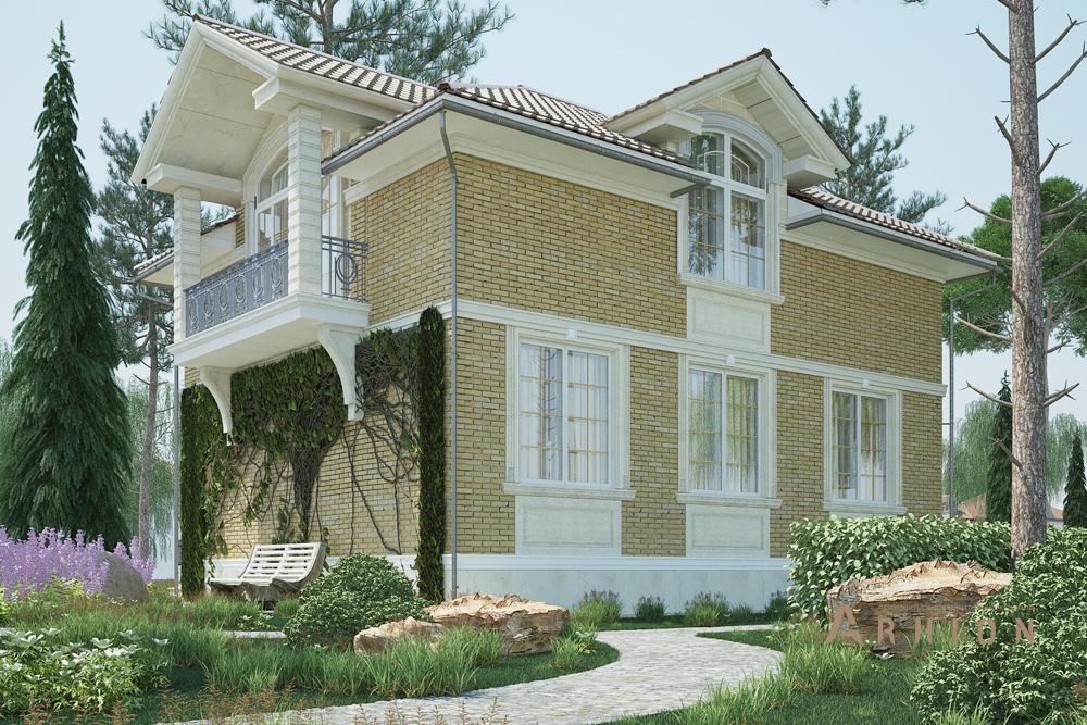 2. Проект двухэтажного дома в современном классическом стиле с многоскатной кровлей, cp-22-46, площадью - 175 кв c цокольным этажом, мансардой, балконом