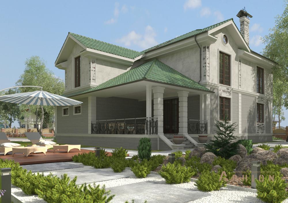 2. Проект двухэтажного дома в американском стиле с многоскатной кровлей, cp-22-63, площадью - 380 кв c цокольным этажом, сауной, терассой, гаражом