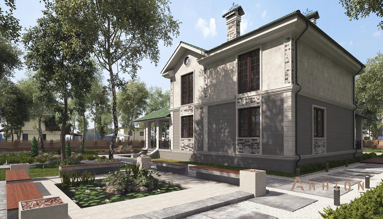 3. Проект двухэтажного дома в американском стиле с многоскатной кровлей, cp-22-63, площадью - 380 кв c цокольным этажом, сауной, терассой, гаражом