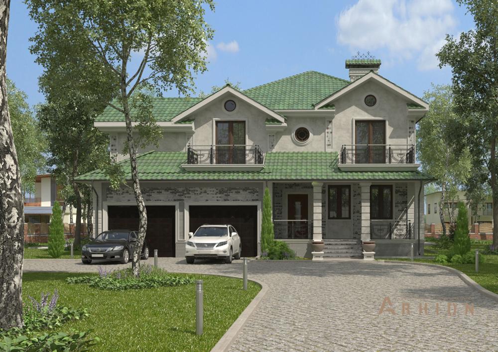 1. Проект двухэтажного дома в американском стиле с многоскатной кровлей, cp-22-63, площадью - 380 кв c цокольным этажом, сауной, терассой, гаражом