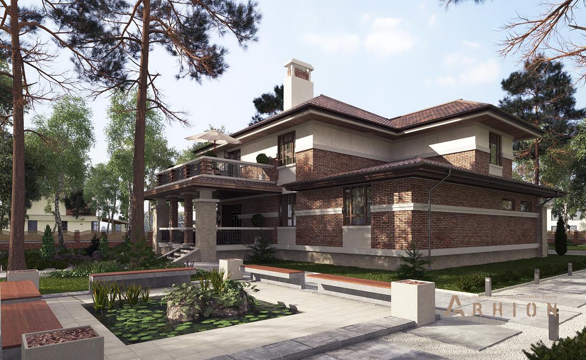 2. Проект двухэтажного дома в стиле Ллойда Райта (прерий) с четырехскатной, cp-22-97, площадью - 350 кв c цокольным этажом, терассой, балконом, гаражом