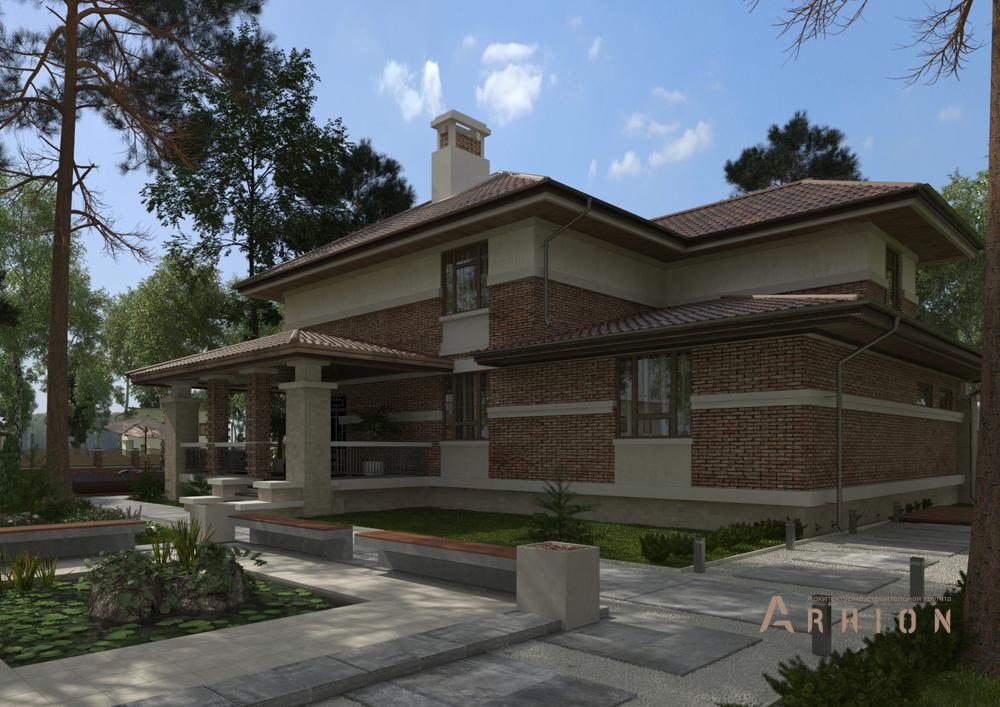 4. Проект двухэтажного дома в стиле Ллойда Райта (прерий) с четырехскатной, cp-22-97, площадью - 350 кв c цокольным этажом, терассой, балконом, гаражом