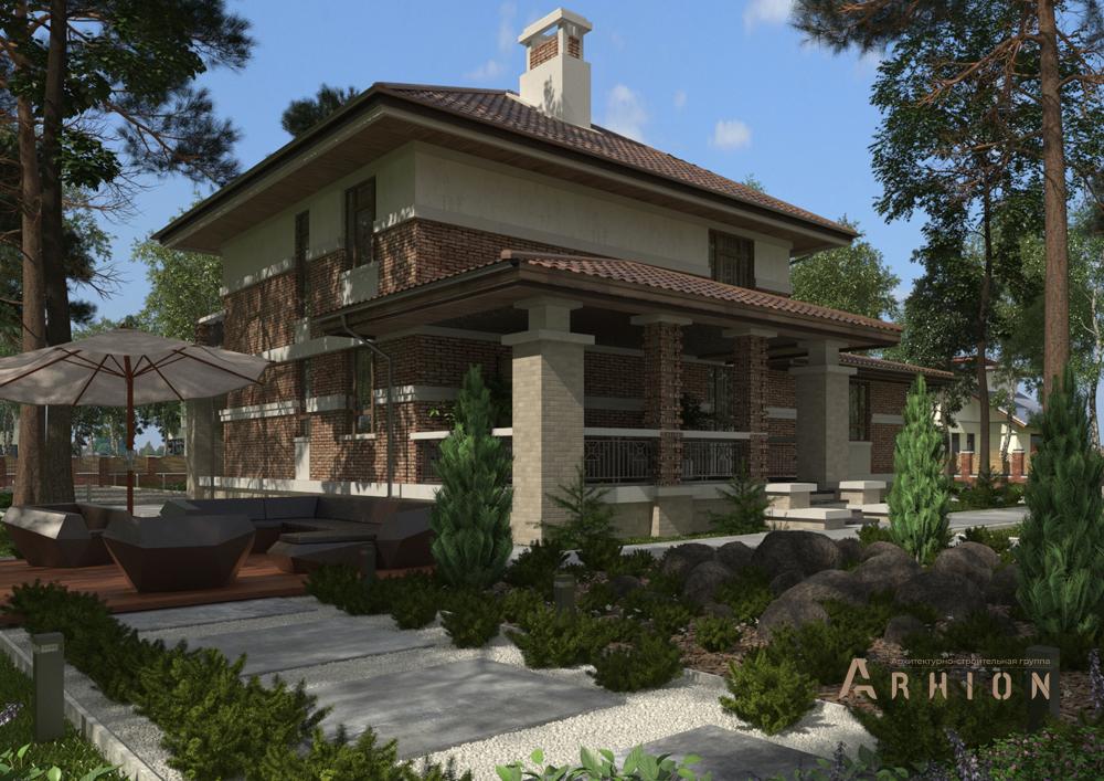 5. Проект двухэтажного дома в стиле Ллойда Райта (прерий) с четырехскатной, cp-22-97, площадью - 350 кв c цокольным этажом, терассой, балконом, гаражом