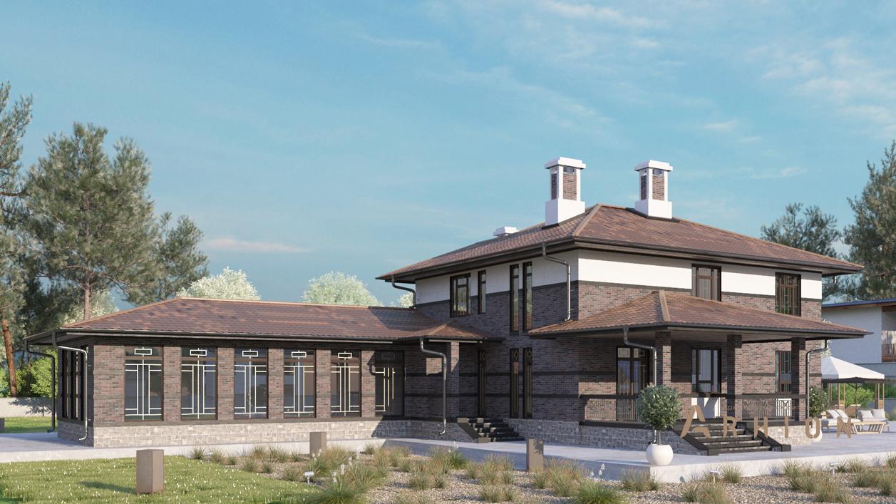 3. Проект двухэтажного дома в современном стиле с четырехскатной, cp-23-18, площадью - 334 кв c терассой, бассейном