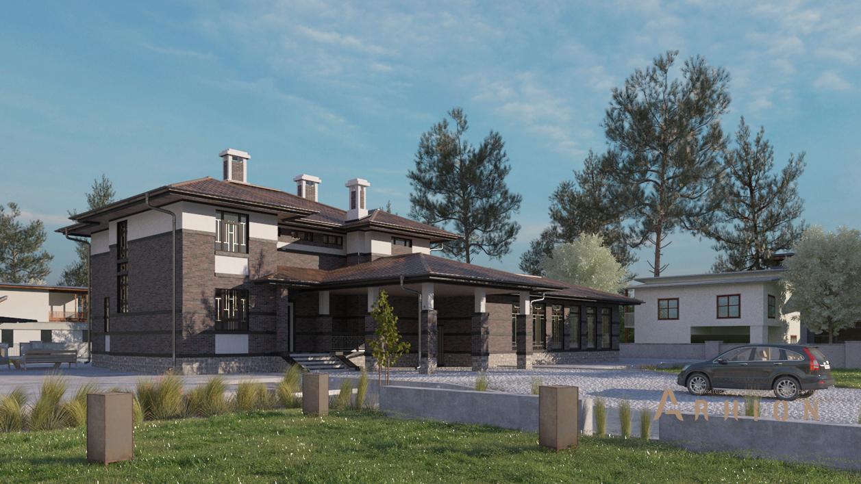 1. Проект двухэтажного дома в современном стиле с четырехскатной, cp-23-18, площадью - 334 кв c терассой, бассейном