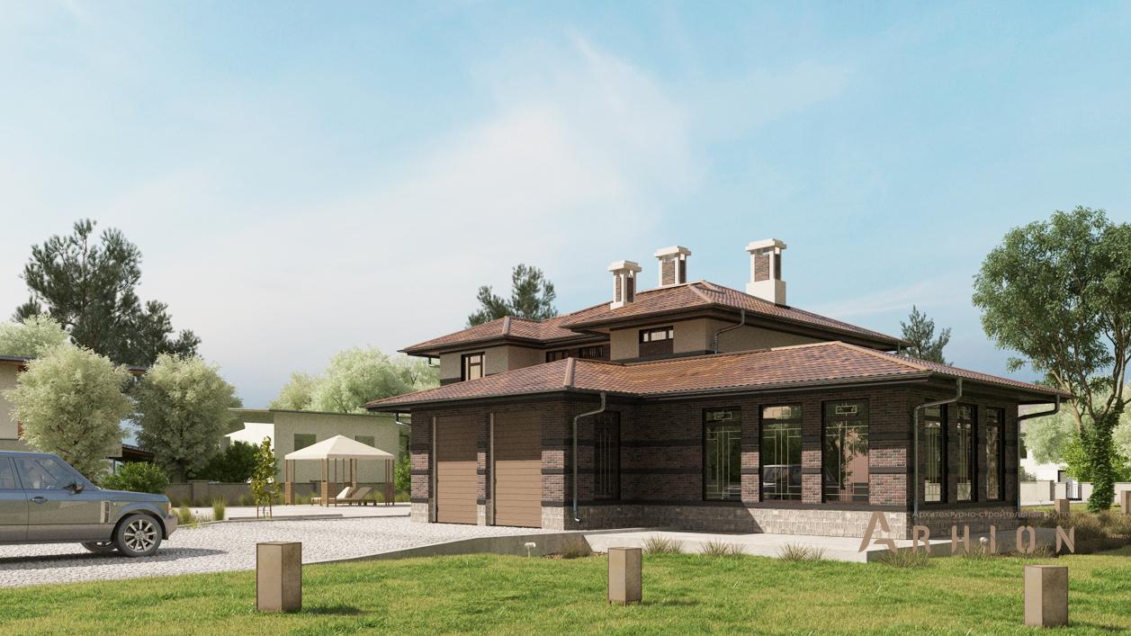 2. Проект двухэтажного дома в стиле Ллойда Райта (прерий) с плоской кровлей , cp-24-23, площадью - 561 кв c цокольным этажом, сауной, терассой, балконом