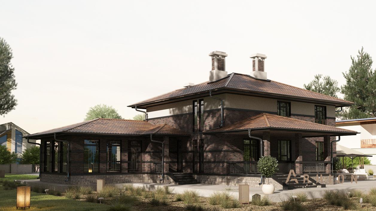 3. Проект двухэтажного дома в стиле Ллойда Райта (прерий) с плоской кровлей , cp-24-23, площадью - 561 кв c цокольным этажом, сауной, терассой, балконом