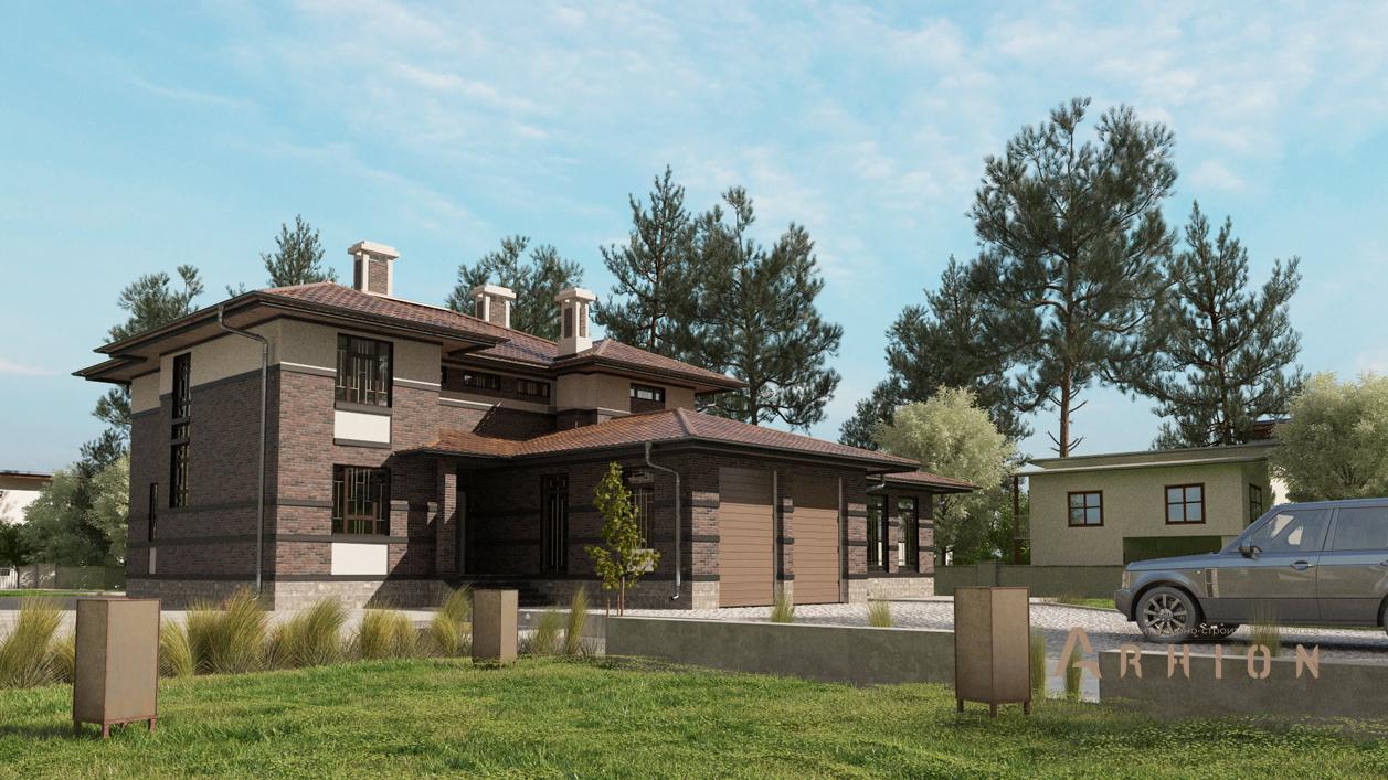 1. Проект двухэтажного дома в стиле Ллойда Райта (прерий) с плоской кровлей , cp-24-23, площадью - 561 кв c цокольным этажом, сауной, терассой, балконом