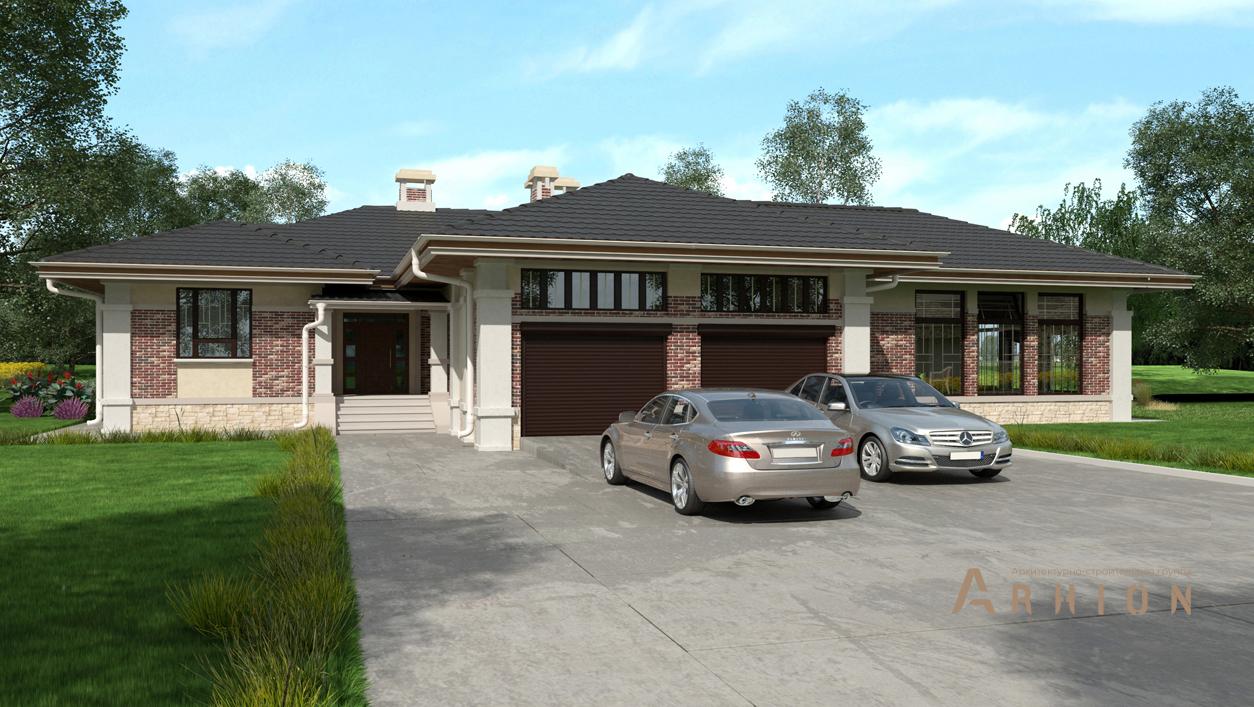 1. Проект одноэтажного дома в стиле Ллойда Райта (прерий) с четырехскатной, cp-24-38, площадью - 446 кв c цокольным этажом, сауной, терассой, гаражом, бассейном, эркером