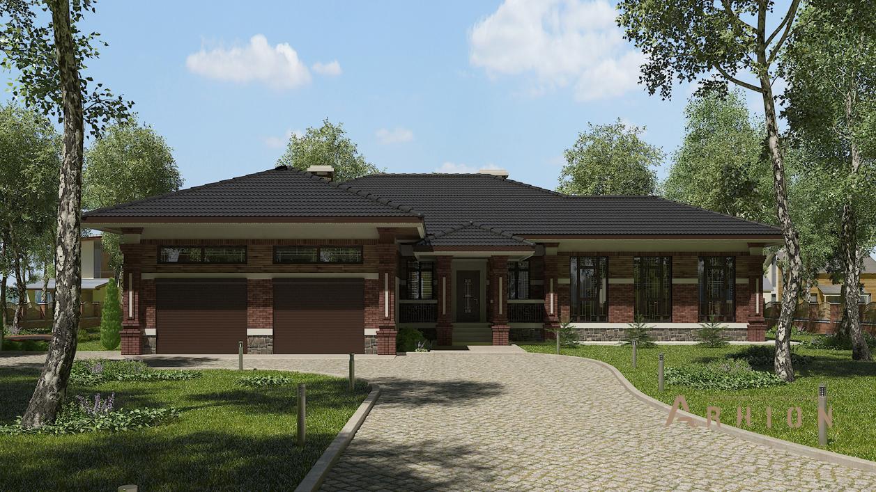 1. Проект одноэтажного дома в стиле Ллойда Райта (прерий) с четырехскатной, cp-27-05, площадью - 229 кв c терассой, гаражом