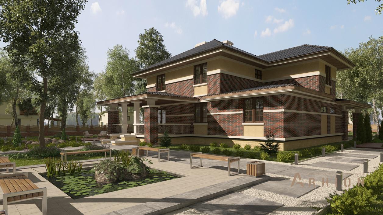 2. Проект двухэтажного дома в стиле Ллойда Райта (прерий) с четырехскатной, cp-29-04, площадью - 249 кв c терассой, балконом, гаражом