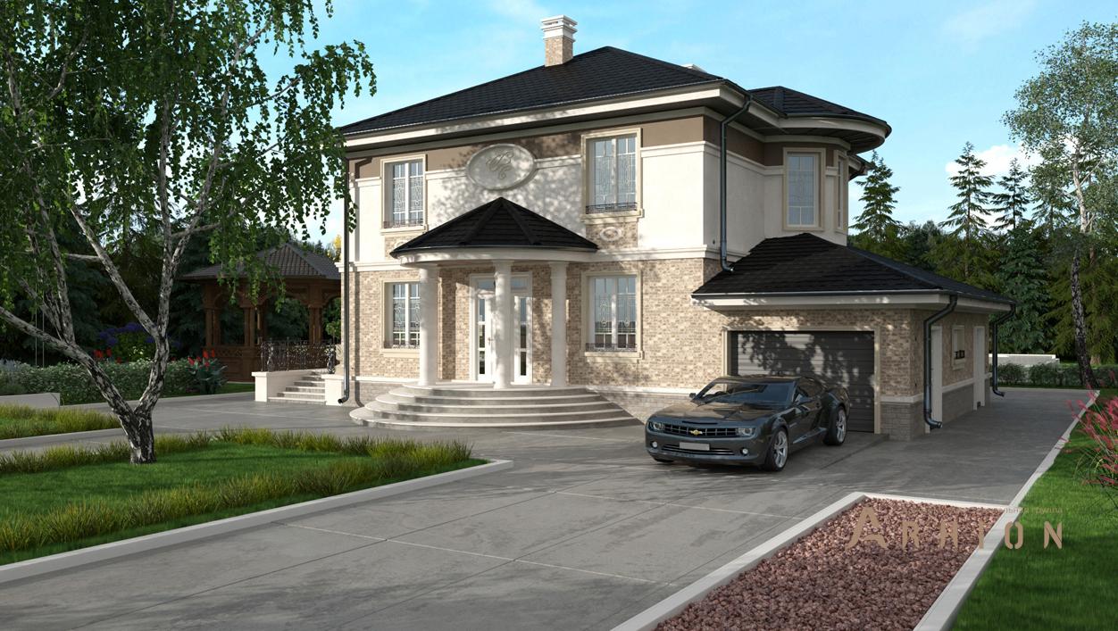 1. Проект двухэтажного дома в стиле модерн с четырехскатной, cp-29-08, площадью - 182 кв c терассой, балконом, гаражом, эркером