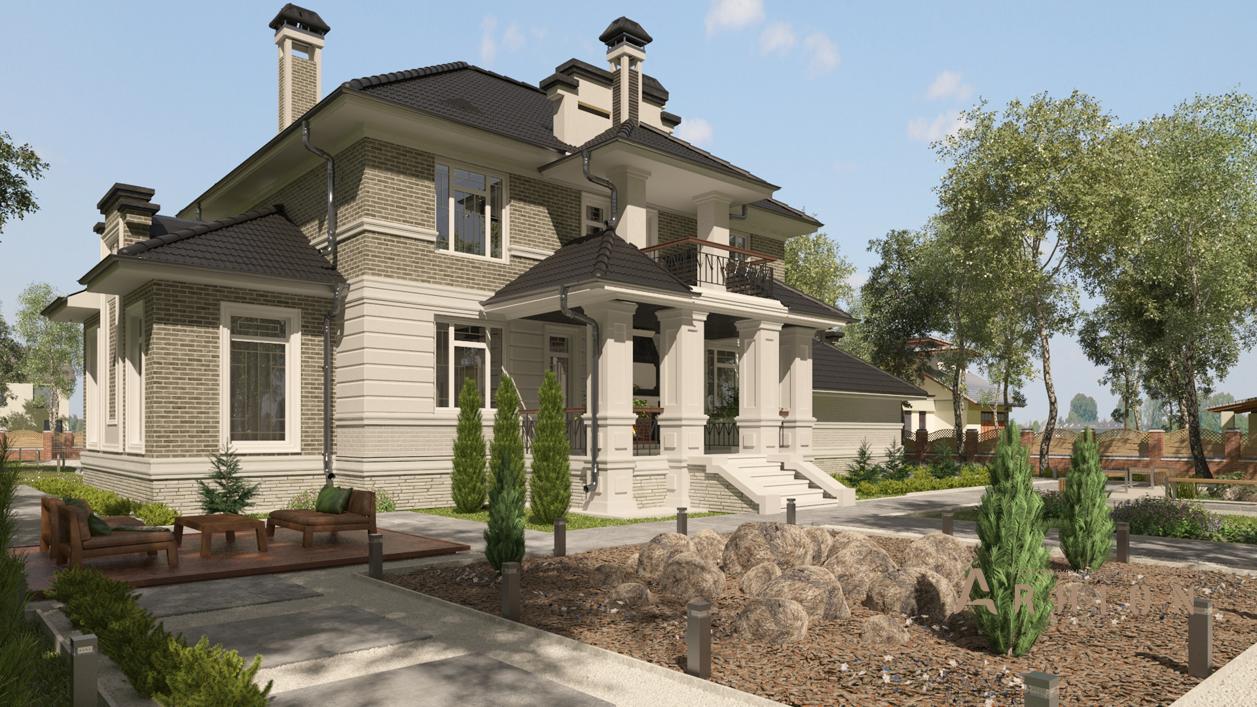 2. Проект двухэтажного дома в современном стиле с четырехскатной, cp-29-71, площадью - 295 кв c терассой, гаражом