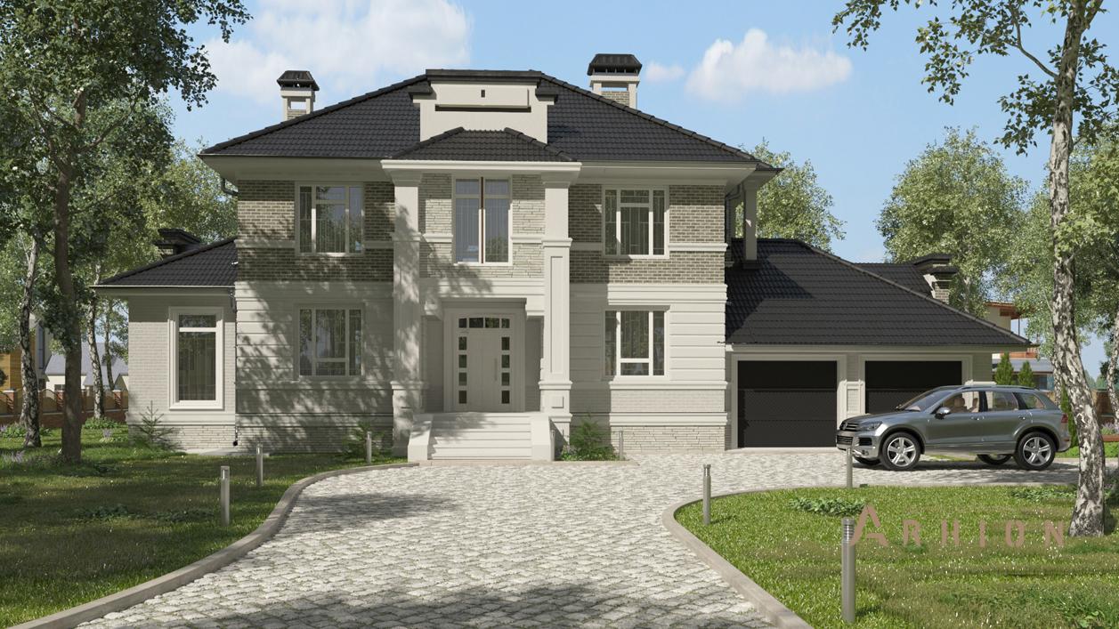 1. Проект двухэтажного дома в современном стиле с четырехскатной, cp-29-71, площадью - 295 кв c терассой, гаражом