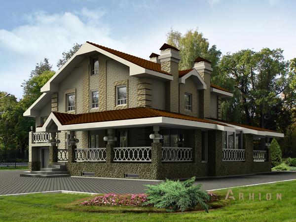 1. Проект одноэтажного дома в современном стиле с двускатной кровлей, cp-31-02, площадью - 323 кв c цокольным этажом, мансардой, сауной, терассой