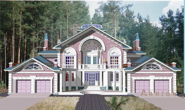 1. Проект двухэтажного дома в стиле модерн с многоскатной кровлей, cp-34-04, площадью - 632 кв c мансардой, сауной, терассой, балконом, гаражом, эркером, вторым светом