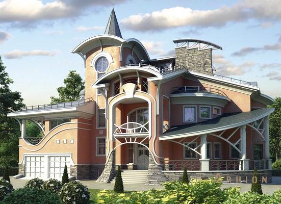 1. Проект двухэтажного дома в стиле модерн с плоской кровлей , cp-36-24, площадью - 1400 кв c цокольным этажом, мансардой