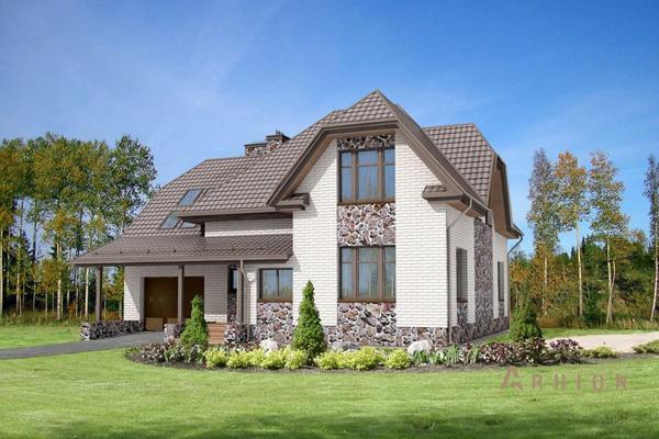 1. Проект одноэтажного дома в современном стиле с двускатной кровлей, cp-47-12, площадью - 230 кв c мансардой, гаражом