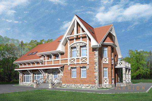 1. Проект одноэтажного дома в немецком стиле с многоскатной кровлей, cp-47-20, площадью - 355 кв c мансардой