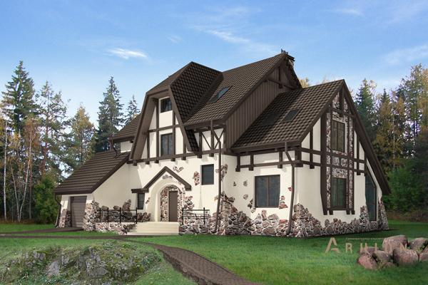 1. Проект одноэтажного дома в немецком стиле с плоской кровлей , cp-47-23, площадью - 301 кв c мансардой, гаражом