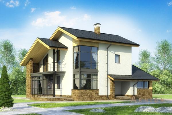 1. Проект двухэтажного дома в современном стиле с двускатной кровлей, cp-47-28, площадью - 169 кв c балконом