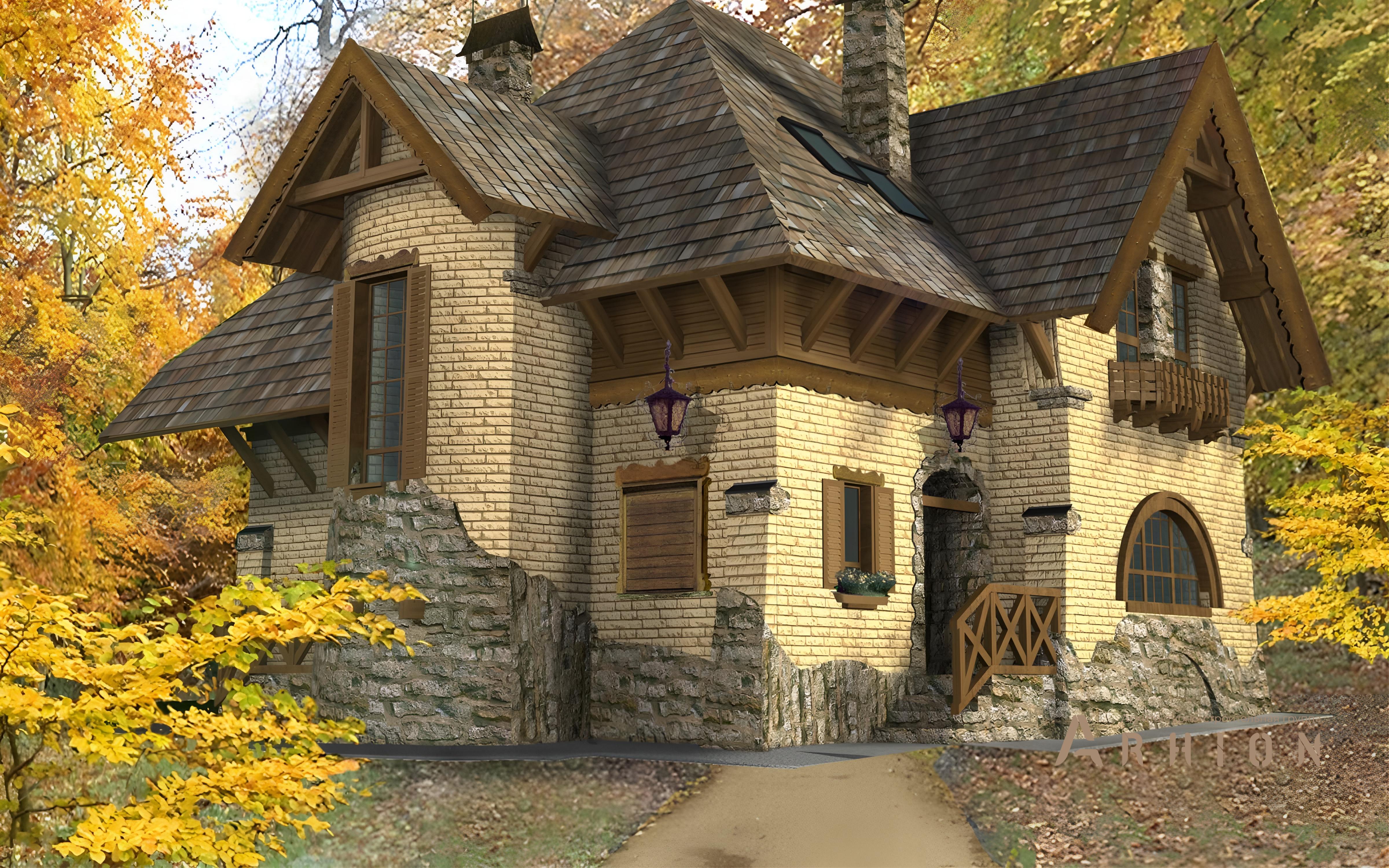 1. Проект одноэтажного дома в английском стиле с многоскатной кровлей, cp-47-39, площадью - 155 кв c мансардой