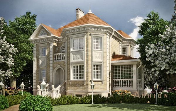 1. Проект двухэтажного дома в классическом стиле с многоскатной кровлей, cp-47-81, площадью - 332 кв c цокольным этажом, мансардой