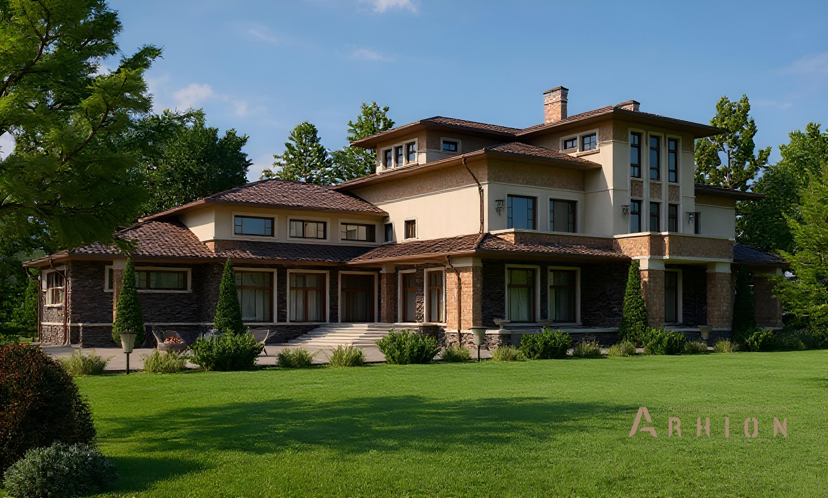 1. Проект двухэтажного дома в стиле Ллойда Райта (прерий) с четырехскатной, cp-47-86, площадью - 1200 кв c мансардой