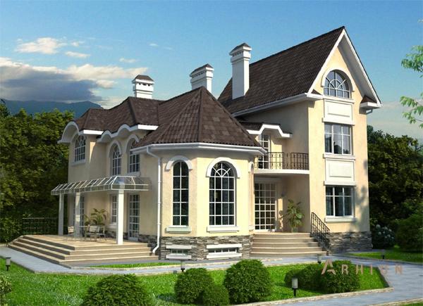 1. Проект двухэтажного дома в дворцовом стиле с плоской кровлей , cp-48-29, площадью - 406 кв c цокольным этажом, мансардой