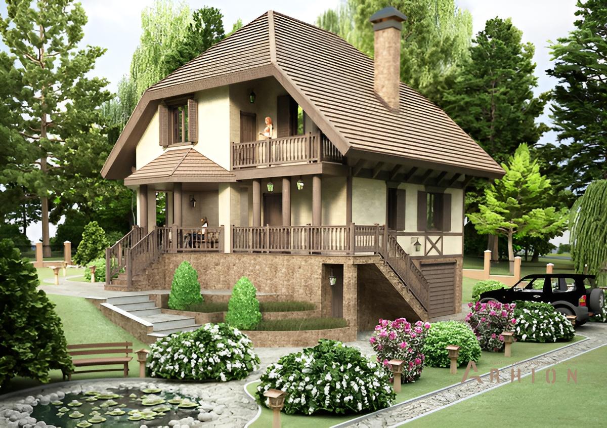 1. Проект одноэтажного дома в немецком стиле с многоскатной кровлей, cp-48-94, площадью - 210 кв c цокольным этажом, мансардой