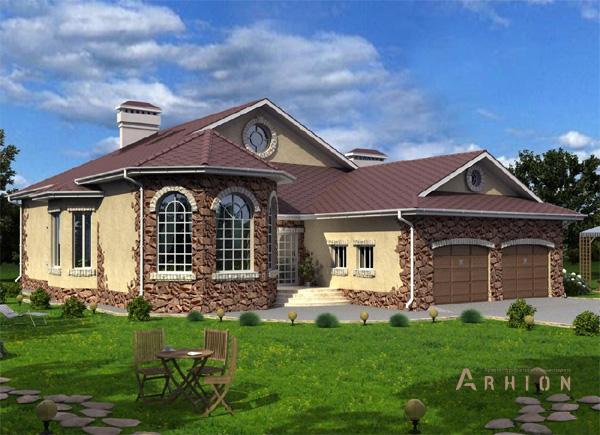 1. Проект одноэтажного дома в современном стиле с многоскатной кровлей, cp-49-54, площадью - 262 кв c мансардой, сауной, терассой, гаражом, эркером, вторым светом