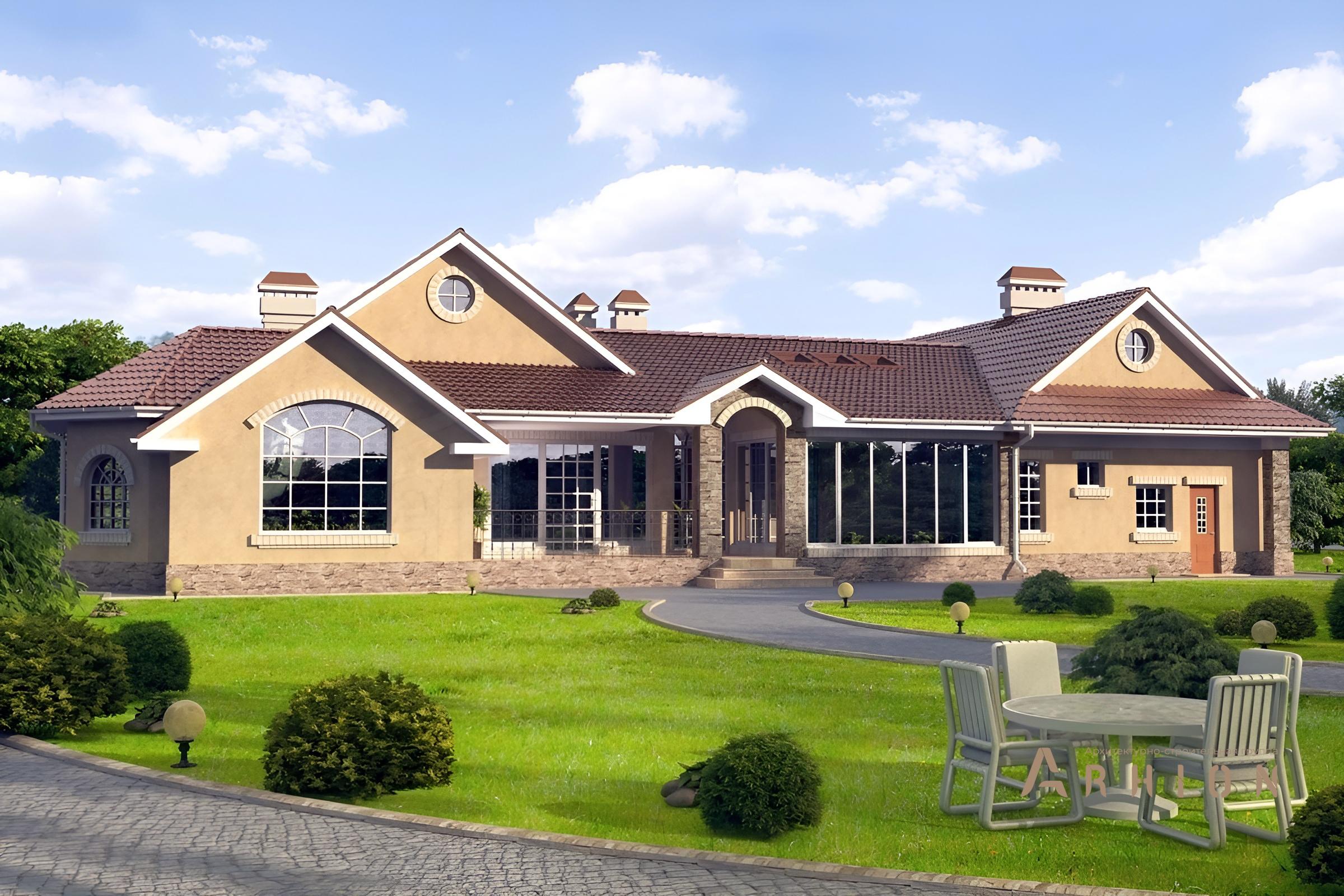 1. Проект одноэтажного дома в современном стиле с многоскатной кровлей, cp-49-95, площадью - 335 кв c гаражом