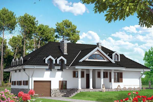 1. Проект одноэтажного дома в современном стиле с четырехскатной, cp-55-41, площадью - 292 кв c мансардой, гаражом