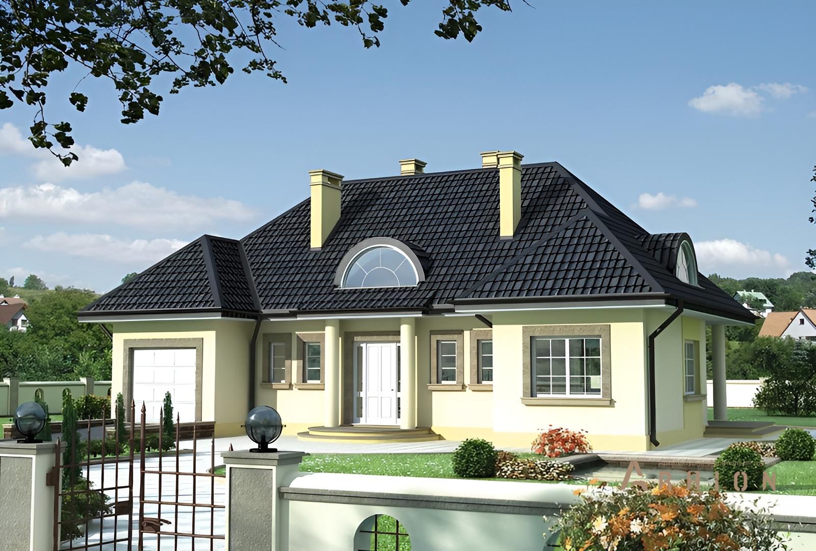 1. Проект одноэтажного дома в европейском стиле с многоскатной кровлей, cp-56-92, площадью - 222 кв c мансардой