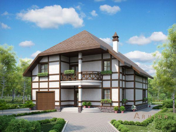 1. Проект одноэтажного дома в немецком стиле с двускатной кровлей, cp-58-01, площадью - 273 кв c мансардой