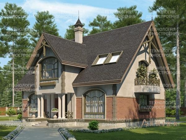 1. Проект одноэтажного дома в европейском стиле с двускатной кровлей, cp-58-13, площадью - 202 кв c мансардой, терассой, балконом, эркером