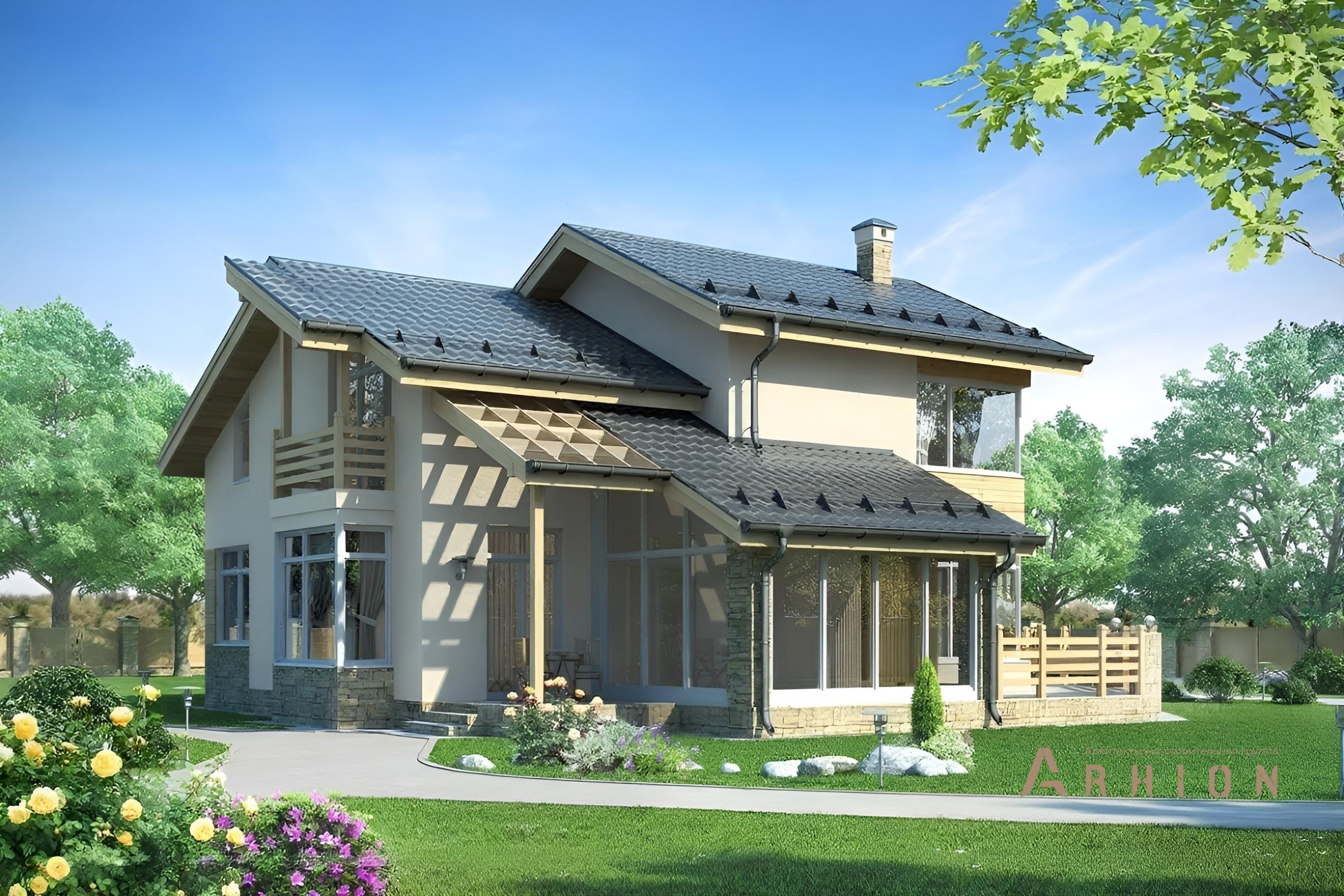 1. Проект одноэтажного дома в альпийском стиле с двускатной кровлей, cp-58-99, площадью - 218 кв c мансардой