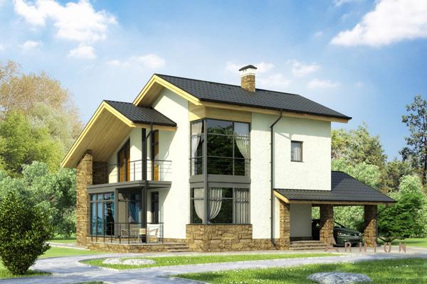 1. Проект двухэтажного дома в финском стиле с плоской кровлей , cp-59-56, площадью - 219 кв c цокольным этажом, сауной, терассой, балконом, гаражом