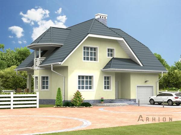 1. Проект одноэтажного дома в современном стиле с двускатной кровлей, cp-59-98, площадью - 260 кв c мансардой, гаражом