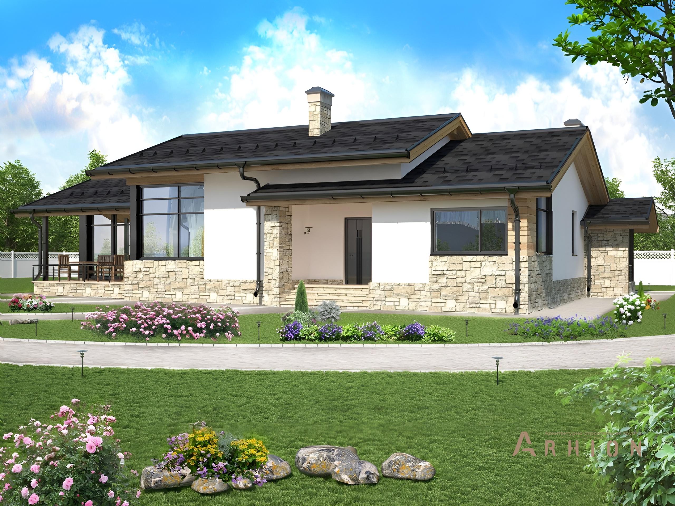 1. Проект одноэтажного дома в альпийском стиле с двускатной кровлей, cp-60-81, площадью - 268 кв c сауной, терассой