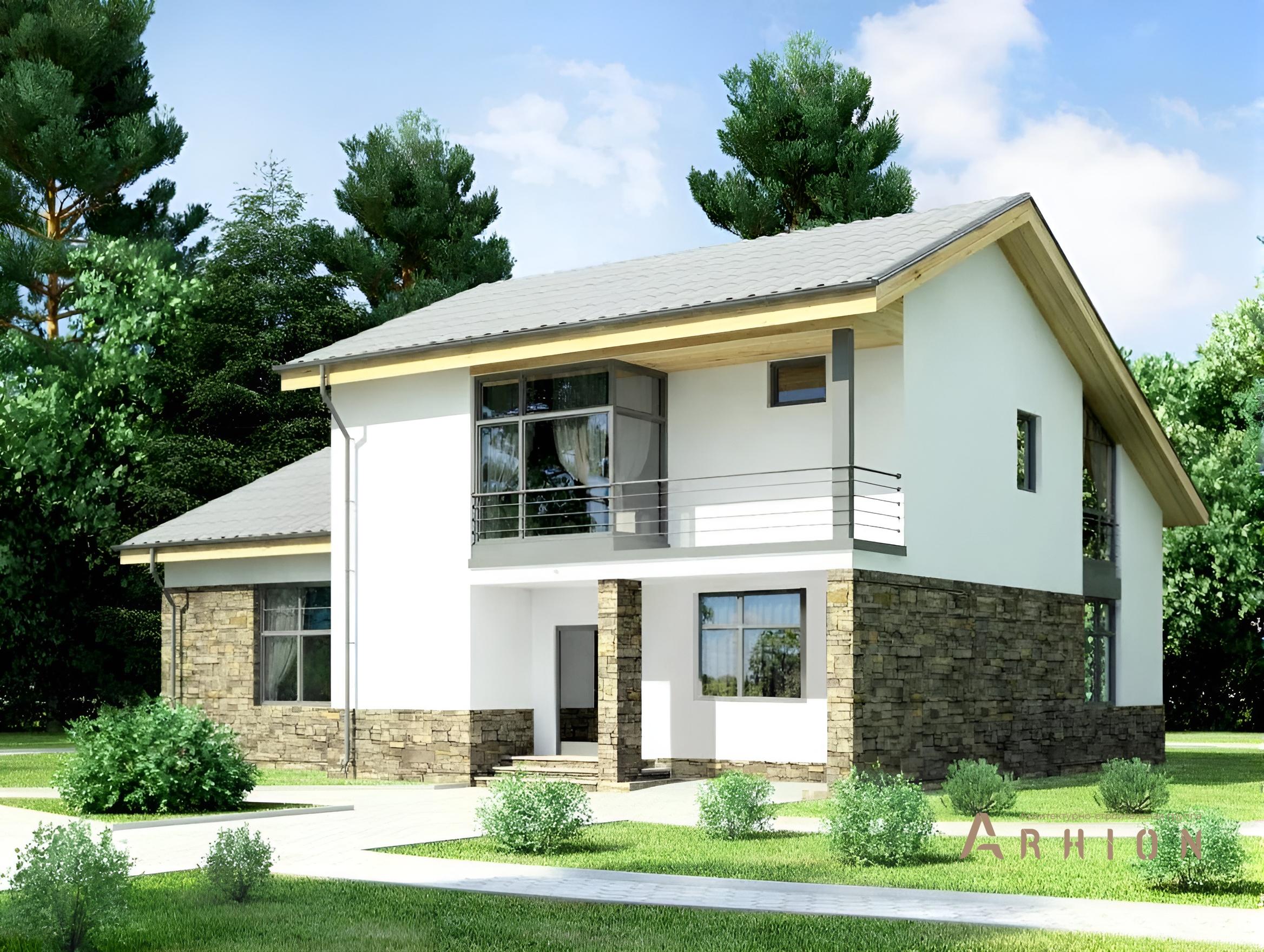 1. Проект одноэтажного дома в современном стиле с двускатной кровлей, cp-60-85, площадью - 205 кв c мансардой