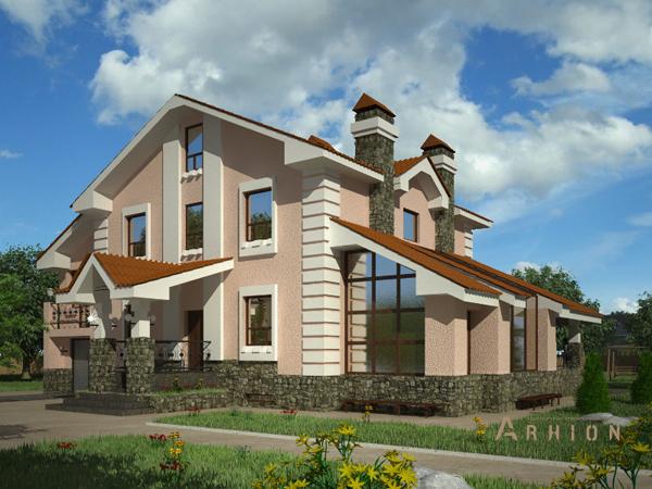 1. Проект двухэтажного дома в современном стиле с двускатной кровлей, cp-70-04, площадью - 323 кв c цокольным этажом, мансардой, сауной, терассой, гаражом