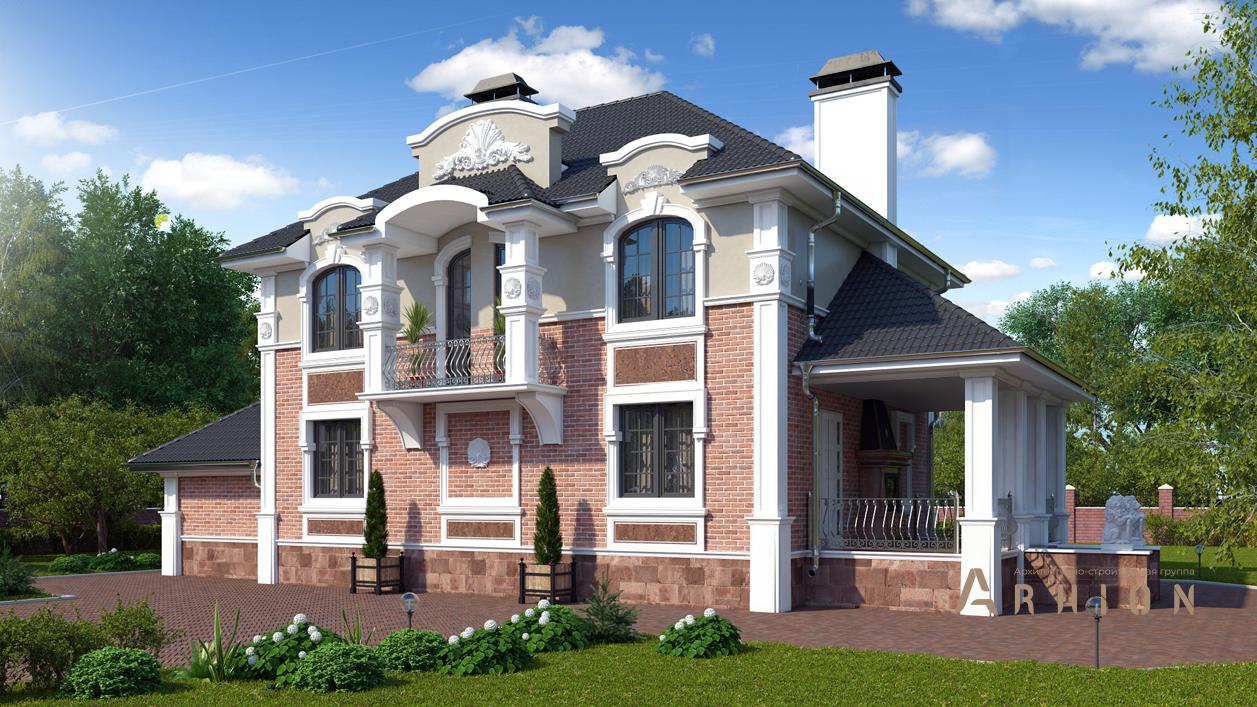 3. Проект двухэтажного дома в классическом стиле с плоской кровлей , cp-71-11, площадью - 340 кв c цокольным этажом, гаражом